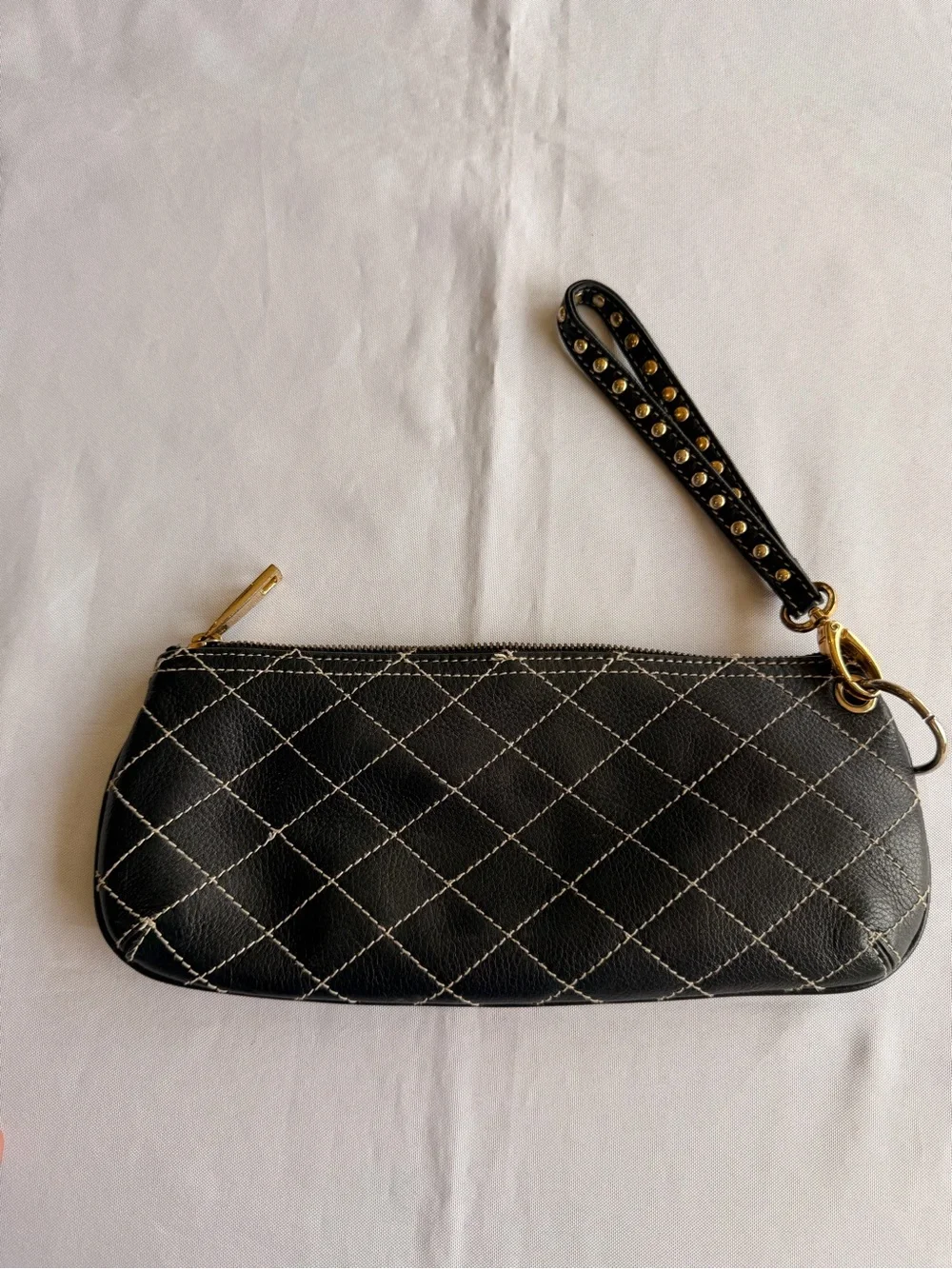 Kate Landry Black Quilted Large Wristlet with Gold Stud Wrist Strap